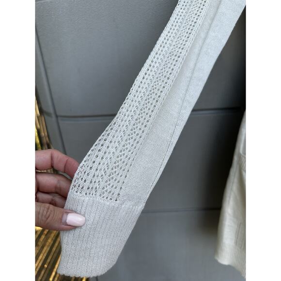 Dolce Cabo Crochet Button Front Linen Blend Hooded Duster Cardigan Sz S Oatmeal - Picture 7 of 11